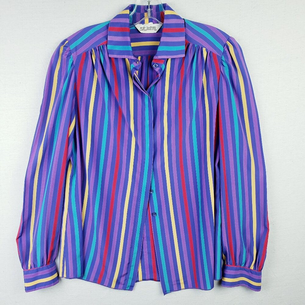 Vintage ST JOHN Blouse Top Striped Multicolor Art-to-Wear Colorful size M
